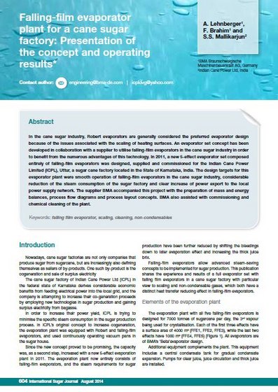 Falling-film evaporator plant for a cane sugar factory: presentation of the concept and operating results